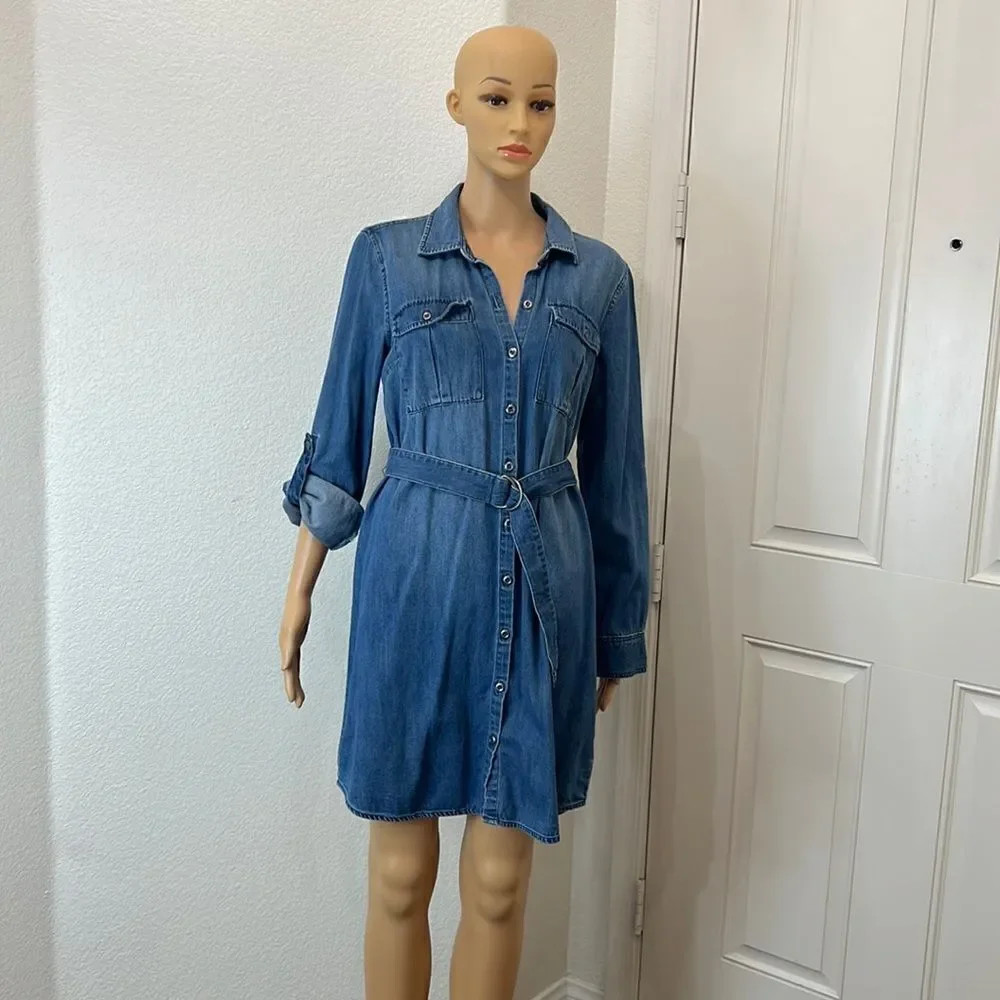 Jessica Simpson Dress Sz Medium Blue Denim Belted  3/4 Roll Up Or Long Sleeve